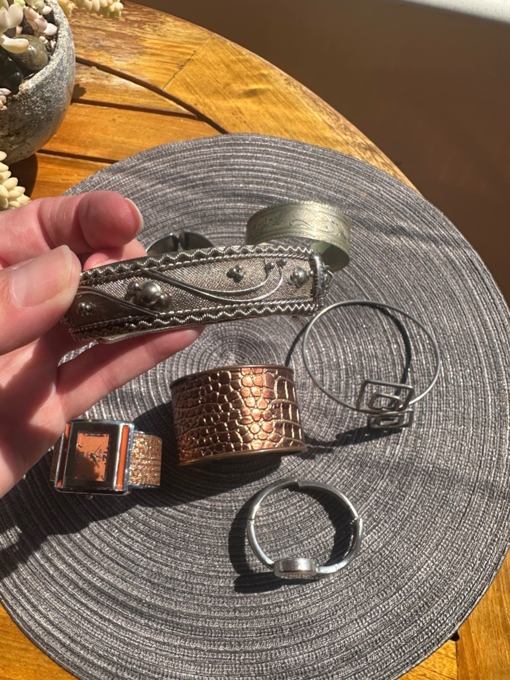 Mixed Metal Cuff Bracelets & Watch Set – 7 Pieces Boho
